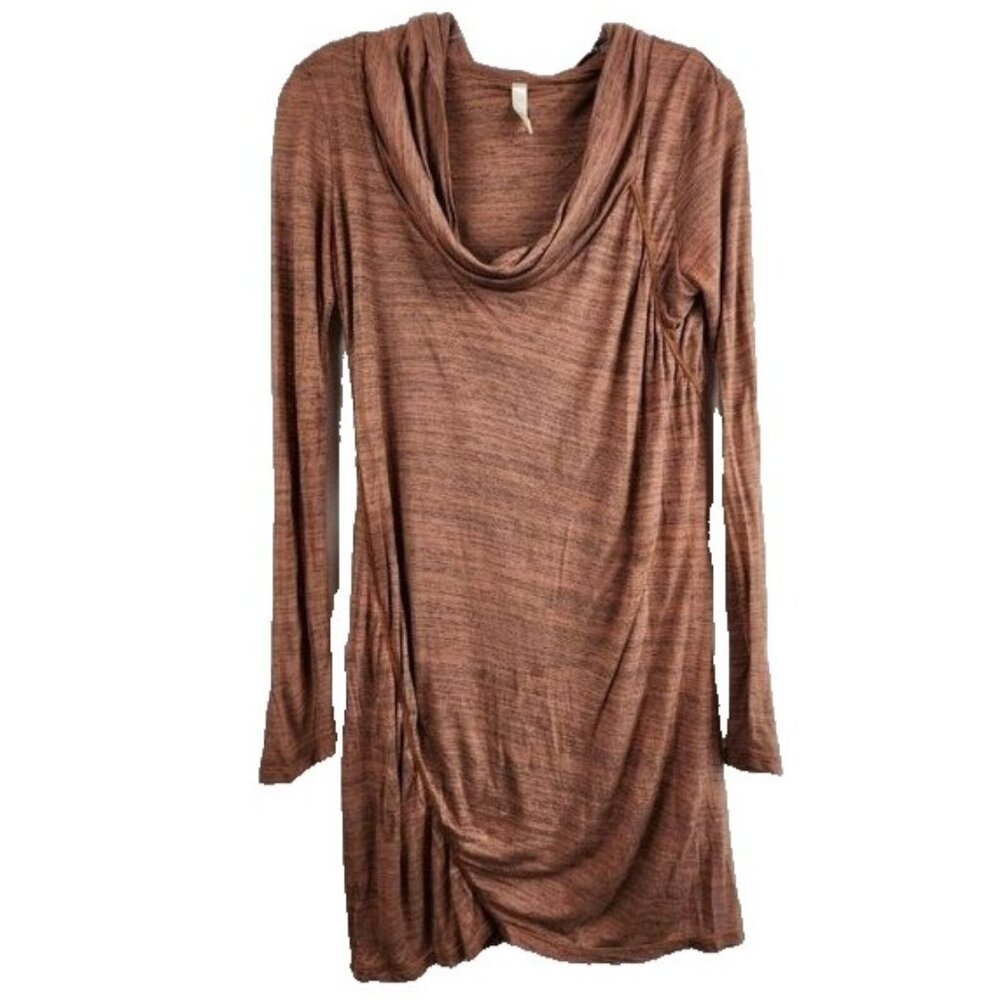 Elan Womens BOHO Tunic Top Brown Heathered Cowl Neck Long Sleeve Ruched Neutral